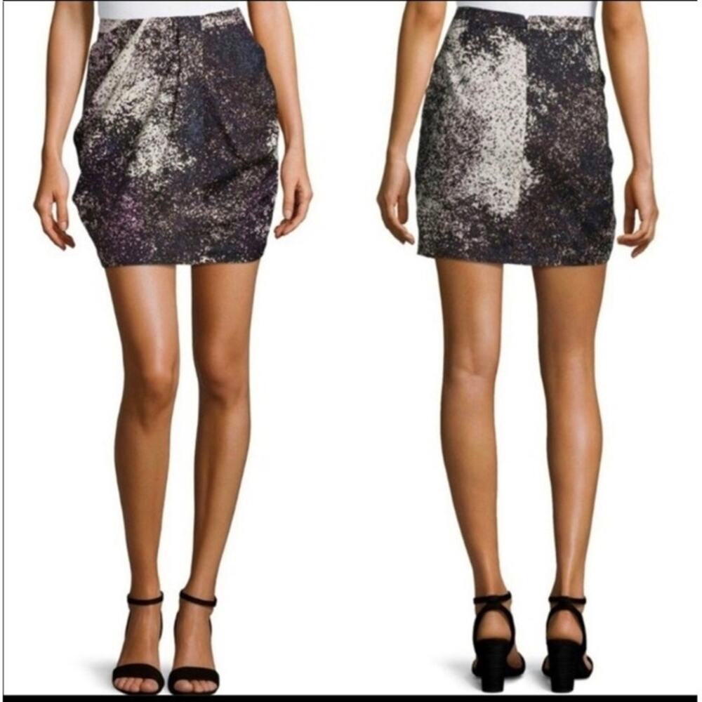 Halston Heritage Silk Pleat Mini Skirt 6 Black White & Blue Hue Glam Quality NWT